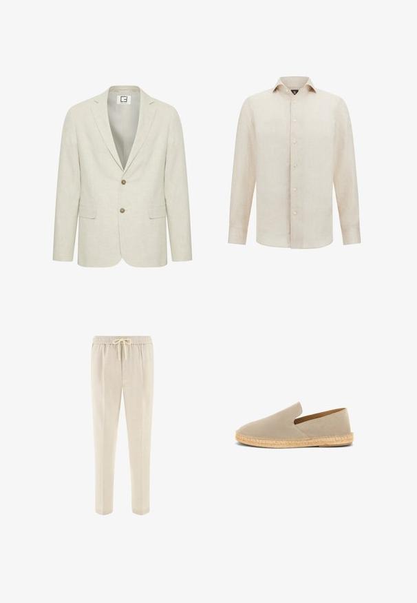 Blazer en lin beige clair avec un revers cranté, fermeture à deux boutons et poches avant. Présente une texture subtile et un intérieur uni.; Chemise en lin beige avec un devant boutonné, des manches longues, un col classique et un ourlet légèrement arrondi. Présente de simples boutons blancs.; Pantalon beige à taille élastique avec poches avant et coupe droite, conçu pour une tenue décontractée ou relaxée.; Espadrille beige en daim à enfiler avec semelle enveloppée de jute et petit talon, vue latérale sur fond blanc.