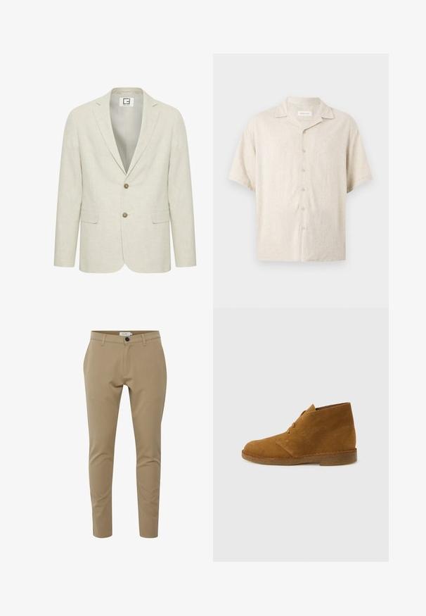 Blazer en lin beige clair avec un revers cranté, fermeture à deux boutons et poches avant. Présente une texture subtile et un intérieur uni.; Chemise beige à manches courtes avec col camp, boutons devant et coupe décontractée, en tissu léger.; Pantalons beige ajustés avec une coupe slim, présentant une fermeture éclair, des poches avant et une fermeture à un bouton. Texture du tissu lisse.; Botte désert en daim marron montant à la cheville avec deux œillets et semelle en crêpe sur fond gris clair uni.
