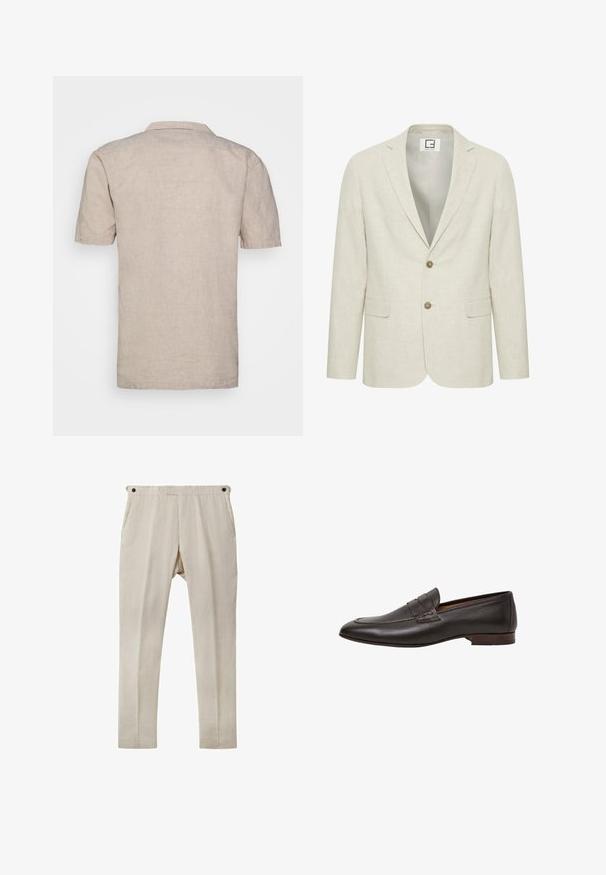 Vaalean beige-linnoitus blazer, jossa on lovettu kaulus, kaksinappinen kiinnitys ja etutaskut. Sisältää hienovaraisen tekstuurin ja yksinkertaisen sisävuoren.; Lyhythihainen beige pellavapaita, jossa on kaulus, teksturoitu kangas ja suora helma, ilman näkyviä kuvioita tai yksityiskohtia.; Beige pellavahousut suoran leikkauksen kanssa, joissa on kaksi sivutaskua ja mustat nappioksennukset vyötäröllä. Sileä, kevyt rakenne.; Ruskeat nahkaloaferit, joissa on sileä pinta, kärkimuotoilu ja koristeellinen remmi päkiän päällä. Nahkapohja ja matala korko.