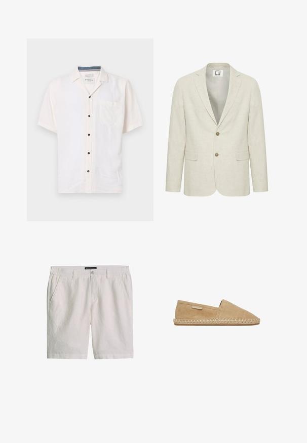 Hellbeige Leinenblazer mit Reverskragen, zwei Knöpfen und Fronttaschen. Verfügt über eine subtile Textur und ein schlichtes Innenfutter.; Kurzarmliges Hemd aus leichtem Stoff in Elfenbein, mit einer Brusttasche und schwarzen Knöpfen über die vordere Blende.; Weiße knielange Freizeithosen mit Frontknopf, Seitentaschen, Gürtelschlaufen und elastischen Bundeinsätzen.; Hellbraune Wildleder-Slip-On-Espadrille mit geflochtener Jutesohle und kleinem Markenzeichen an der Seite, gezeigt auf weißem Hintergrund.