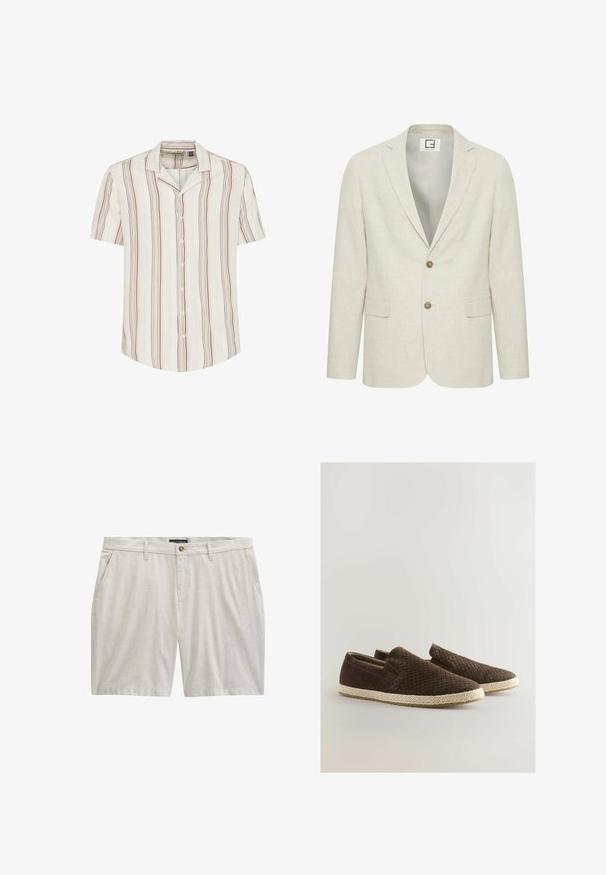 Blazer en lin beige clair avec un revers cranté, fermeture à deux boutons et poches avant. Présente une texture subtile et un intérieur uni.; Chemise à manches courtes, boutonnière, de couleur crème clair avec des rayures verticales brunes et jaune pâle. Tissu doux avec une coupe décontractée et un col.; Short beige clair en mélange de coton avec fermeture par bouton, passants de ceinture et poches latérales, présenté à plat sur fond blanc.; Next REGULAR FIT - Espadrilles - brown