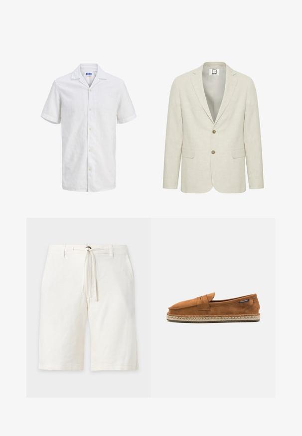 Blazer en lin beige clair avec un revers cranté, fermeture à deux boutons et poches avant. Présente une texture subtile et un intérieur uni.; Chemise blanche à manches courtes, col à revers, boutons clairs et motif texturé subtil, présentée sur un fond uni.; Short blanc jusqu'au genou avec poches latérales et fermeture à cordon à l'avant.; Chaussure slip-on en suede marron avec un bout arrondi, présentant une semelle en jute tissée et une petite sangle d'accent à l'avant.