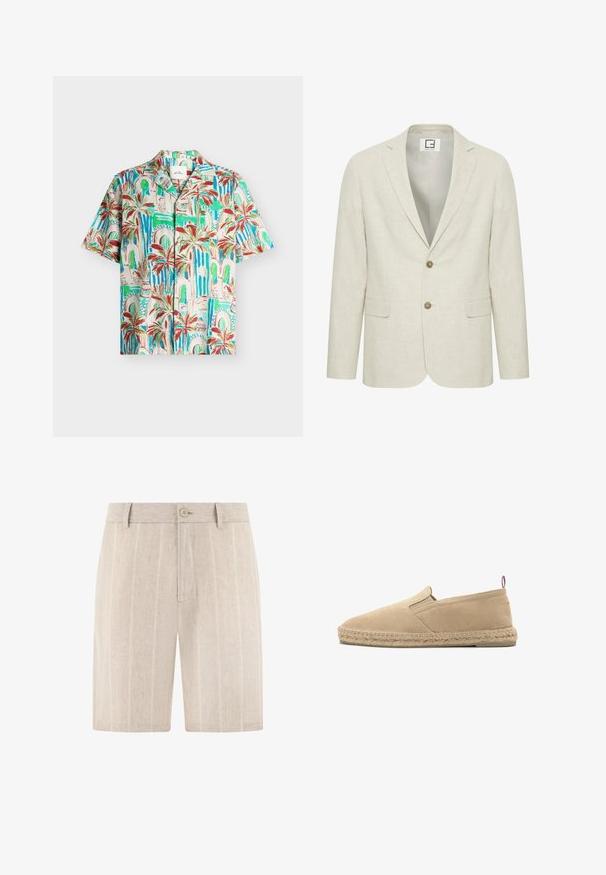 Blazer en lin beige clair avec un revers cranté, fermeture à deux boutons et poches avant. Présente une texture subtile et un intérieur uni.; Chemise à manches courtes boutonnée avec imprimé palmiers tropicaux et arcade en tons verts, bleus, rouges et beiges sur un fond clair.; Short en lin beige avec de fines rayures verticales, fermeture par boutons, passants pour ceinture et fermeture éclair à l'avant.; Espadrille beige en toile à enfiler avec semelle en jute cousue et petit onglet en tissu au talon, vue de profil sur fond blanc.