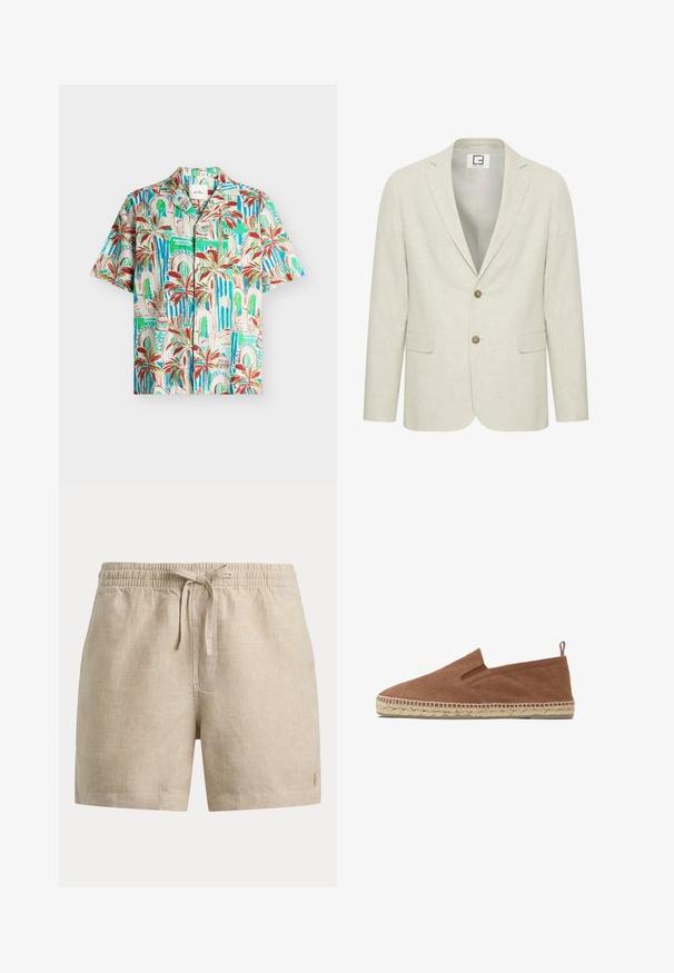 Blazer en lin beige clair avec un revers cranté, fermeture à deux boutons et poches avant. Présente une texture subtile et un intérieur uni.; Chemise à manches courtes boutonnée avec imprimé palmiers tropicaux et arcade en tons verts, bleus, rouges et beiges sur un fond clair.; Short beige à carreaux avec taille élastique et cordon de serrage devant, arborant un petit logo brodé sur le bas de la jambe gauche.; Espadrille en toile marron à enfiler avec semelle en jute tressé et petite languette en tissu au talon, présentée sur fond blanc.
