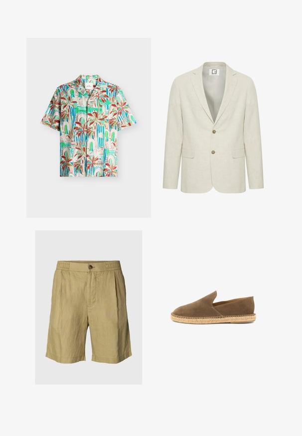 Blazer en lin beige clair avec un revers cranté, fermeture à deux boutons et poches avant. Présente une texture subtile et un intérieur uni.; Chemise à manches courtes boutonnée avec imprimé palmiers tropicaux et arcade en tons verts, bleus, rouges et beiges sur un fond clair.; Shorts marron clair mi-genoux avec côtés élastiques, fermeture par bouton et plis à l'avant, présentés sur un fond uni.; Espadrille marron en daim à enfiler avec semelle en jute tressée et côtés bas, conçue pour un usage décontracté.