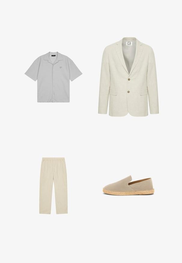 Blazer en lin beige clair avec un revers cranté, fermeture à deux boutons et poches avant. Présente une texture subtile et un intérieur uni.; Chemise gris clair à manches courtes avec boutons sur le devant, col ouvert et petit logo "P" sur la poitrine gauche.; Pantalon beige droit avec taille élastique et poches latérales, coupe décontractée, tissu léger.; Espadrille beige en daim à enfiler avec semelle enveloppée de jute et petit talon, vue latérale sur fond blanc.
