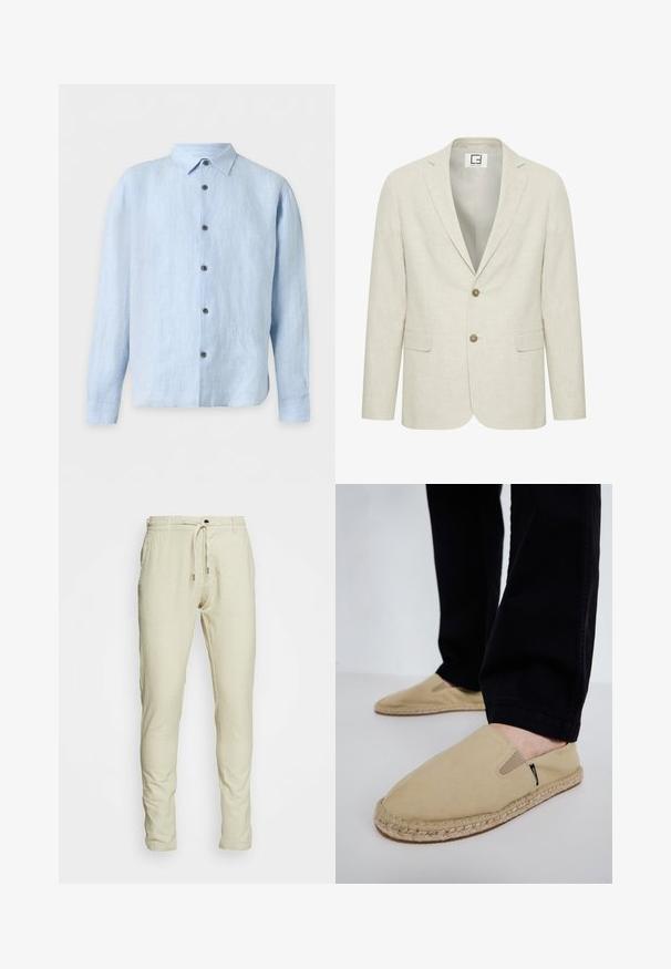 Blazer en lin beige clair avec un revers cranté, fermeture à deux boutons et poches avant. Présente une texture subtile et un intérieur uni.; Chemise bleu clair à manches longues avec col classique et boutons foncés au devant sur fond blanc.; Pantalon de jogging beige clair avec une taille élastique, cordon de serrage ajustable et jambes fuselées. Fabriqué en tissu doux et respirant. Pas de motifs visibles.; Chaussures slip-on en toile beige avec des goring élastiques, semelle en corde de jute et coutures contrastantes. Portées avec un pantalon noir fuselé.