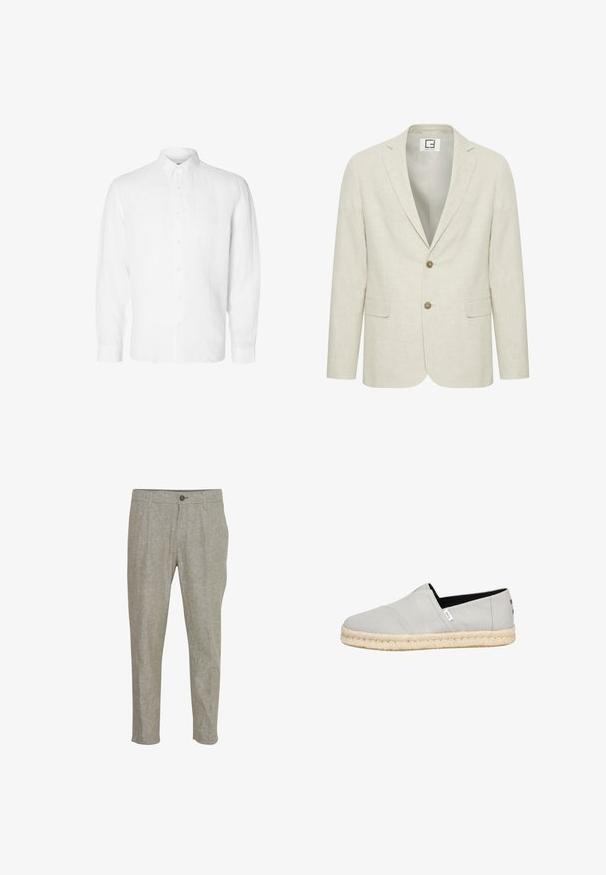 Blazer de lino beige claro con solapa muesca, cierre de dos botones y bolsillos frontales. Presenta una textura sutil y un interior liso.; Camisa blanca de manga larga hecha de lino, con cuello abotonado, botones en el frente y un ajuste relajado con puños rectos.; Pantalones de lino gris claro con trabillas para cinturón, cierre de botón y cremallera, bolsillos laterales y corte recto y holgado sobre fondo blanco.; Zapato gris de slip-on hecho de textil con puntera redonda, suela de cuerda de yute y forro interior negro. Presenta costuras sutiles y un detalle de logo.