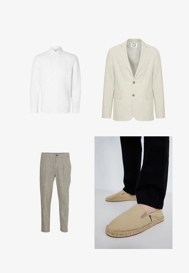 Hellbeige Leinenblazer mit Reverskragen, zwei Knöpfen und Fronttaschen. Verfügt über eine subtile Textur und ein schlichtes Innenfutter.; Weißes Langarmhemd aus Leinen mit Button-Down-Kragen, vorderen Knöpfen und einer lässigen Passform mit geraden Manschetten.; Hellgraue Leinenhose mit Gürtelschlaufen, Knopf- und Reißverschluss, Seitentaschen und einer entspannten, gerade geschnittenen Passform auf weißem Hintergrund.; Beige Leinenschaftsschuhe mit elastischen Einsätzen, Jute-Seilsohle und kontrastierenden Nähten. Tragen mit schwarzen, schmal zulaufenden Hosen.
