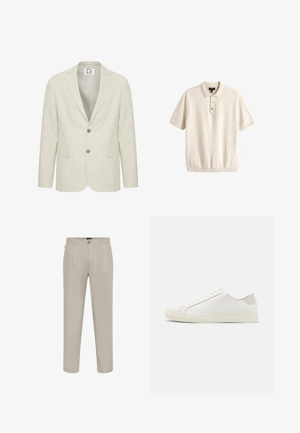 Blazer de lino beige claro con solapa muesca, cierre de dos botones y bolsillos frontales. Presenta una textura sutil y un interior liso.; Polo de punto beige de manga corta con cuello y tapeta de tres botones, mostrado plano sobre un fondo blanco.; Pantalones de lino beige con un acabado texturizado, que cuentan con un diseño de pierna recta, dos bolsillos frontales y un cierre de botón en la cintura.; Zapatilla blanca de cuero con una superficie suave, punta redonda y diseño minimalista. Presenta acentos en beige en el talón y una suela de goma.