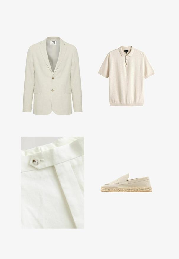 Licht beige linnen blazer met een notch revers, twee knopen sluiting en voorzakken. Heeft een subtiele textuur en een effen interieur.; Beige poloshirt met korte mouwen, een kraag en drie knopen aan de voorkant, maat medium, gemaakt van zachte gebreide stof.; Witte stof met een gladde textuur, voorzien van een enkele knoopsluiting, een geplooid ontwerp en nette stikdetails.; Beige suède espadrille schoen met een instapontwerp, voorzien van een ronde neus, een gevlochten jute zool en minimale stikdetails.