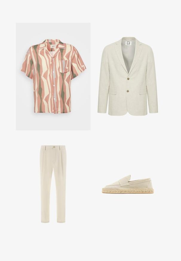 Hellbeige Leinenblazer mit Reverskragen, zwei Knöpfen und Fronttaschen. Verfügt über eine subtile Textur und ein schlichtes Innenfutter.; Kurzarmpfeliges Hemd mit einem hellrosa, beigen und grünen Zickzackmuster; enthält eine einzelne Brusttasche und weiße Knöpfe.; Beige maßgeschneiderte Hose mit Gürtelschlaufen, vorderem Knopfverschluss und geradem Bein.; Beige Wildlederschuh mit Espadrille-Design und Schlüpfform, mit runder Zehenform, geflochtener Jutesohle und minimalen Nähten.