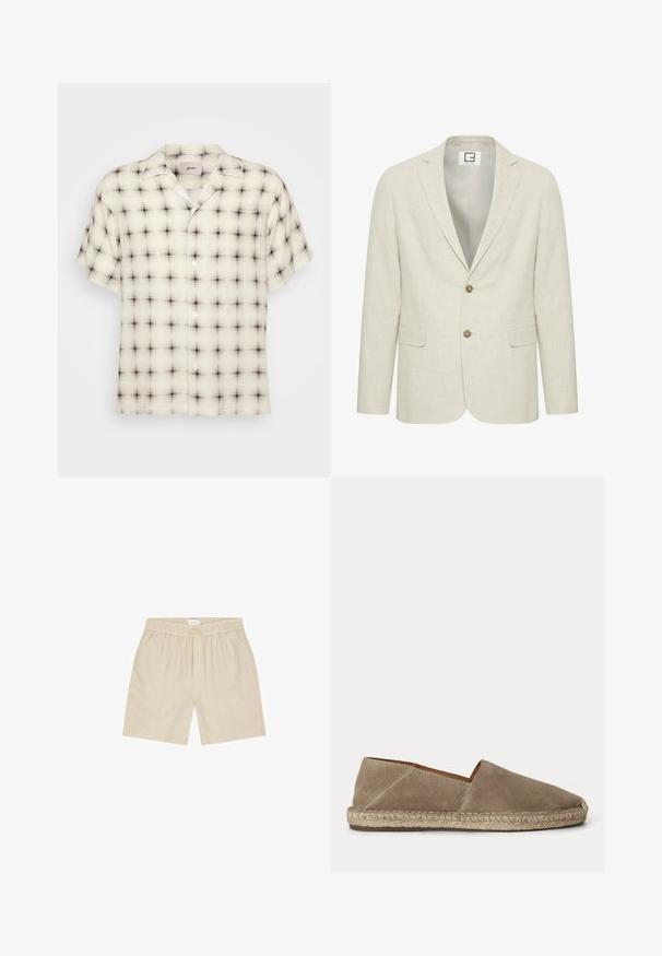 Licht beige linnen blazer met een notch revers, twee knopen sluiting en voorzakken. Heeft een subtiele textuur en een effen interieur.; Lichtcrème overhemden met korte mouwen en een zwart-grijze ruitpatroon, voorzien van een camp collar en één borstzak.; Beige casual short met elastische tailleband, trekkoord en zijzakken, plat liggend op een witte achtergrond.; Beige suède espadrille met gevlochten jutezool en gesloten afgeronde neus, zijaanzicht op een effen achtergrond.