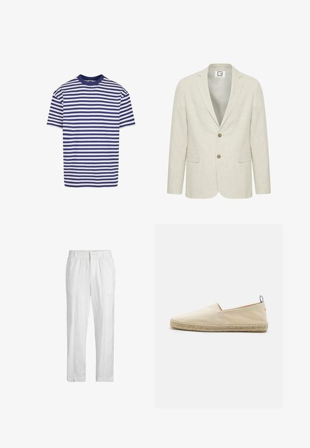 Lys beige linned blazer med slået revers, to-knaps lukning og frontlommer. Har en diskret tekstur og en ensfarvet inderside.; T-shirt med korte ærmer i striber med marineblå og hvide vandrette striber, rund halsudskæring, afslappet pasform og blødt bomuldsstof.; Hvide linnedbukser med elastisk talje og lukning med knap foran. Stoffet har en glat, let tekstur og en lige ben-design.; Beige canvas espadrille med rund tå, flettet jutesål og en lille rød og blå accent på hælen. Letvægtig uden lukning.