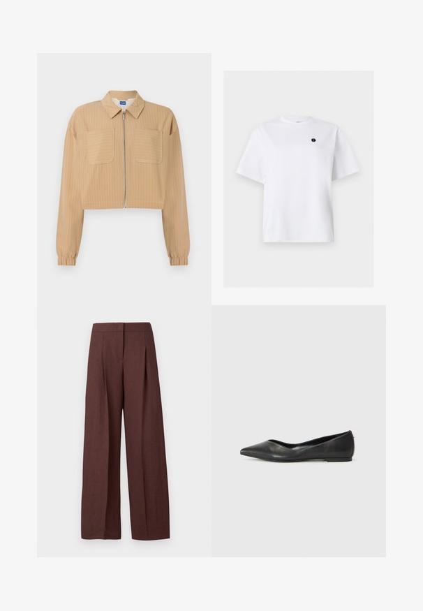 Beige cropped jakke med tynde hvide striber, lynlås foran, to brystlommer, lange ærmer med elastiske manchetter og en spids krave.; Hvid T-shirt med korte ærmer og rund hals med lille sort broderet logo på venstre bryst.; Brune bukser med høj talje og brede ben, forsynet med forreste læg og skjult lukning foran, vist på ensartet hvid baggrund.; Sorte læder balletlejersko med spids tå, lav hæl og glat overflade. Minimalistisk design med en diskret sideaccent.