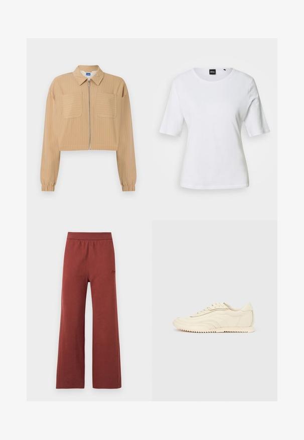 Veste beige courte à fines rayures blanches, fermeture éclair à l'avant, deux poches poitrine, manches longues avec poignets élastiques, et col pointu.; T-shirt blanc à manches courtes avec col rond, coupe ajustée et petite étiquette noire BOSS au niveau de l'encolure.; Pantalon ample couleur rouille avec taille élastique et détails discrets de coutures à l'avant et sur les côtés.; Baskets basses de couleur crème avec des coutures ondulées, une fermeture à lacets et une semelle crantée, vues de côté sur un fond uni.