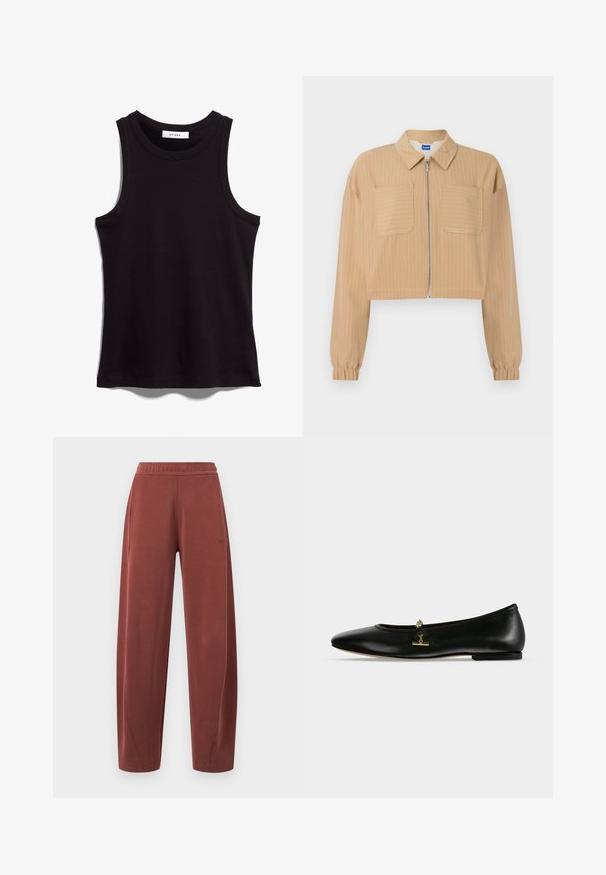 Beige cropped jack met dunne witte krijtlijnen, ritssluiting aan de voorkant, twee borstzakken, lange mouwen met elastische manchetten en een puntige kraag.; Zwarte tanktop van ribbelstof. Heeft een ronde halslijn en brede armsgaten. Rechte zoom met gestikte details. Eenvoudig ontwerp.; Bruine rechte broek met elastische taille, zijzakken en subtiele stikdetails.; Zwarte leren platte schoen met een klein gouden kettinkje en stangdetail aan de bovenkant, ronde neus en lage hak.