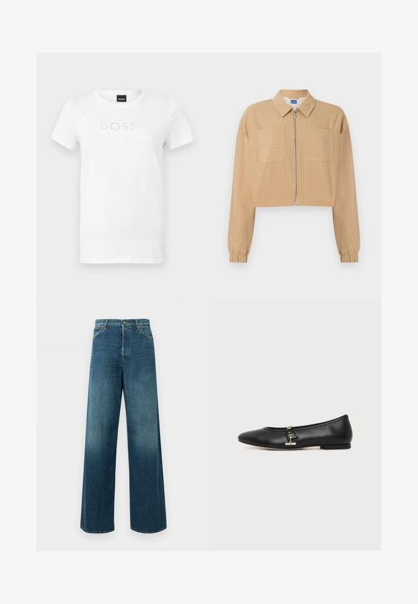 Veste beige courte à fines rayures blanches, fermeture éclair à l'avant, deux poches poitrine, manches longues avec poignets élastiques, et col pointu.; T-shirt blanc à manches courtes et col rond avec le texte "BOSS" composé de petits motifs circulaires sur la poitrine, présenté sur un fond uni.; Jean denim bleu à jambes larges, taille haute, fermeture devant par bouton et zip, et poches avant sur fond uni.; Chaussure plate en cuir noir avec bout arrondi et petit détail de boucle dorée sur le côté, présentée sur un fond clair uni.
