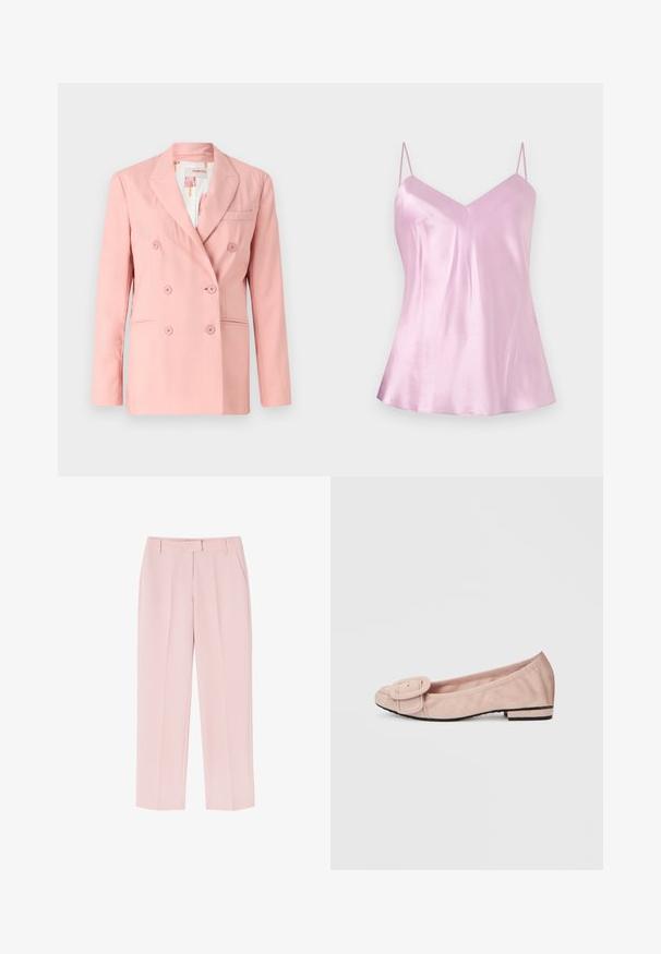 Blazer rose à double boutonnage avec revers notés, deux poches avant et six boutons assortis ; tissu lisse et coupe ajustée.; Camisole en satin rose clair avec fines bretelles spaghetti réglables et un léger décolleté en V, présenté sur un fond blanc uni.; Pantalons rose pâle avec une coupe ajustée, dotés de deux poches latérales, d'une texture lisse et de plis avant pour un détail supplémentaire.; Chaussure plate en daim rose avec un bout rond, une boucle décorative à l'avant et une semelle noire basse. Texture lisse et design simple.