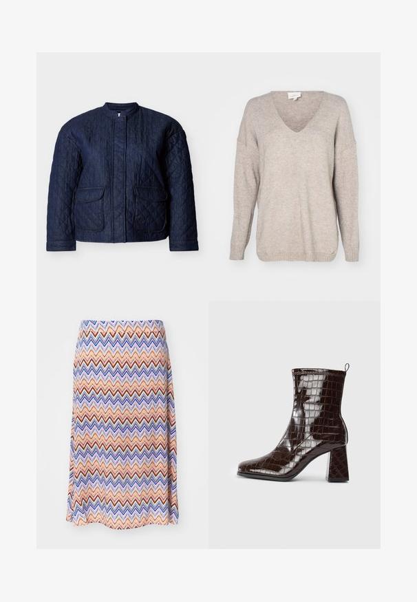 Mørkeblå quiltet jakke med rund halsudskæring, to forlommer og diagonale syninger over hele stoffet. Holdbart denim materiale.; Beige v-hals sweater lavet af blødt strikket materiale, med en afslappet pasform, faldende skuldre og ribbede manchetter og kant.; Multifarvet zigzag mønster nederdel. Lavet af letvægtsstof, med en flared silhuet og en taljeelastik. Overvejende orange, blå og rød.; Mørkebrun patentlæder ankelstøvle med krokodillemønster, blokhæl og trækstrop bagpå mod hvid baggrund.