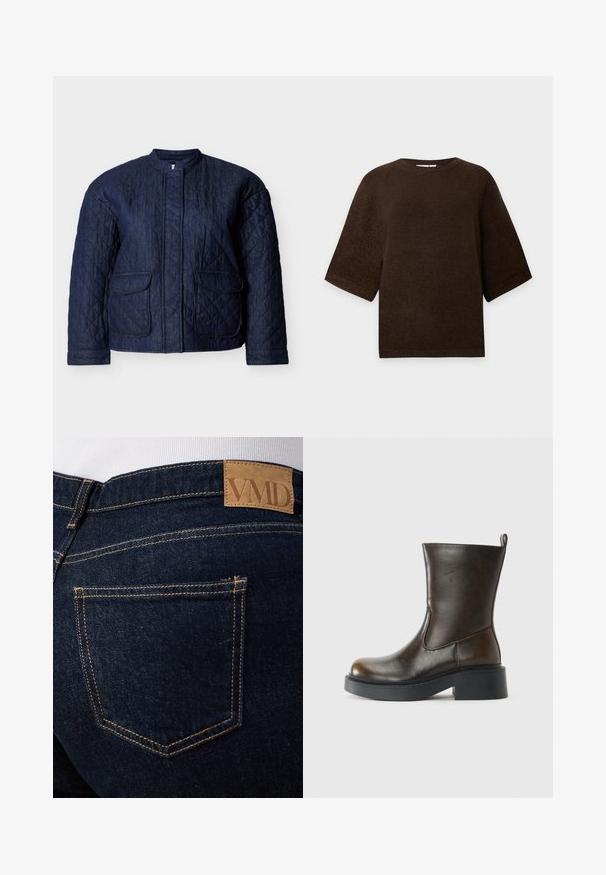 Mørkeblå quiltet jakke med rund halsudskæring, to forlommer og diagonale syninger over hele stoffet. Holdbart denim materiale.; Brun kortærmet striktrøje med rund halsudskæring og lige kant på en ensfarvet hvid baggrund.; Mørkeblå denimjeans med synlige orange syninger og en brun læderlap med mærket "VMD" over den bageste højre lomme.; Mørkebrune læderstøvler til midten af læggen med rund tå, tyk sort sål, lav blokhælel og en trækflap bagpå.