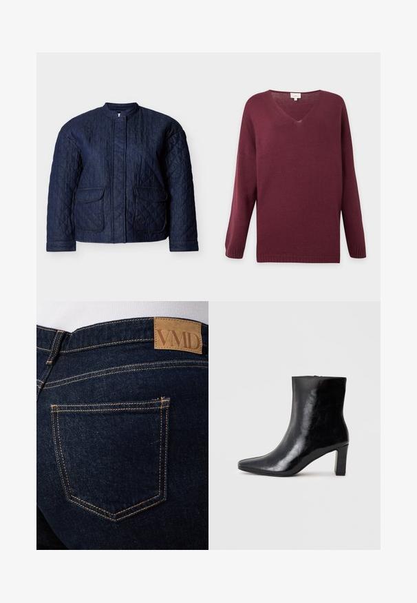 Mørkeblå quiltet jakke med rund halsudskæring, to forlommer og diagonale syninger over hele stoffet. Holdbart denim materiale.; Bourgogne langærmet V-hals sweater med ribstrikkede ærmekanter og kant, vist på en plain lysegrå baggrund.; Mørkeblå denimjeans med synlige orange syninger og en brun læderlap med mærket "VMD" over den bageste højre lomme.; Sorte ankelstøvler lavet af blank læder, med spidse tæer og en mellemstor blokhæl, med en glat tekstur og et enkelt design.