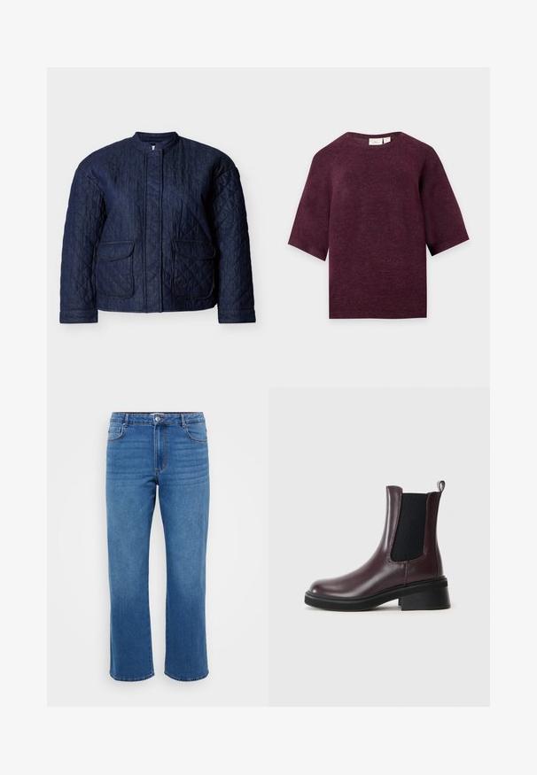 Mørkeblå quiltet jakke med rund halsudskæring, to forlommer og diagonale syninger over hele stoffet. Holdbart denim materiale.; Mørkelilla strikket kortærmet sweater med rund halsudskæring og lige kant vist på en ensartet lys baggrund.; Blå denimjeans med lige ben, der har en knaplukning, klassisk fem-lomme design og en subtil falmet tekstur på lårene.; Bordeaux læder ankelstøvle med elastiske sidepaneler, rund tå og en tekstureret sort gummisål. Har en hætte til nem påtagning.
