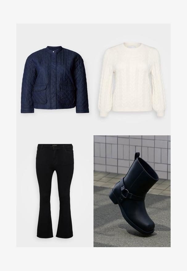 Marineblaue gesteppte Jacke mit rundem Ausschnitt, zwei Vorderentaschen und diagonalen Steppnähten im gesamten Stoff. Robustes Denim-Material.; Weißer Kabelstrickpullover mit langen Ärmeln, Rundhalsausschnitt, strukturiertem Muster und gerippten Bündchen. Leichtes Material mit dekorativen Details.; Schwarze Schlagjeans aus Denim mit Knopfverschluss, fünf Taschen und einer glatten Textur. Klassisches Design mit ausgestellt geschnittenem Saum.; Schwarzer Leder-Knöchelstiefel mit Riemen und Metallring-Detail, dargestellt auf grauem Gehweg mit gefliester Wand im Hintergrund.