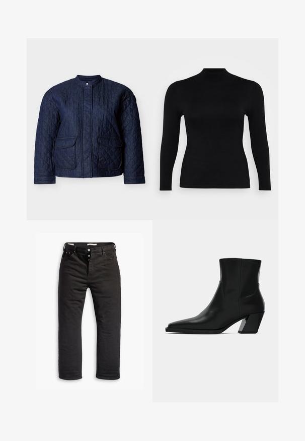 Marineblaue gesteppte Jacke mit rundem Ausschnitt, zwei Vorderentaschen und diagonalen Steppnähten im gesamten Stoff. Robustes Denim-Material.; Schwarzes Langarm-Turtleneck-Oberteil aus weichem, glattem Stoff. Schmaler Schnitt mit hohem Kragen und geradem Saum, verfügt über minimale Nähte und keine Muster.; Schwarze Denim-Jeans mit geradem Bein, ausgestattet mit einem Knopfverschluss, fünf Taschen und dezentem Stickdetail. Angenehme Textur.; Schwarze Leder-Stiefelette mit spitzem Zeh, schlanker Silhouette und klobigem quadratischem Absatz. Glatte Textur mit minimalen Nähdetails.