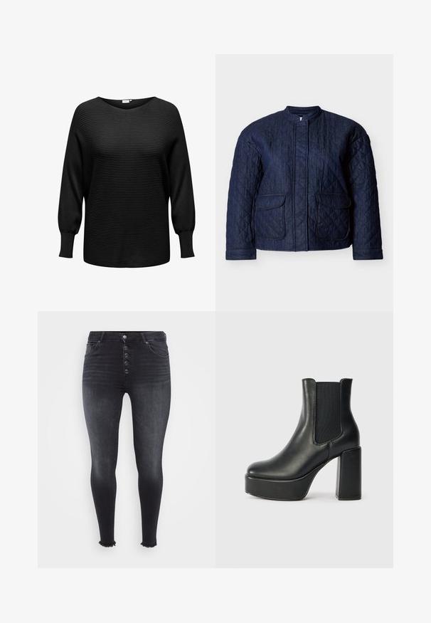 Veste matelassée bleu marine, comportant un col rond, deux poches avant et des coutures diagonales sur tout le tissu. Matière en denim durable.; Pull noir en tricot à texture côtelée, décolleté large et manches longues légèrement bouffantes. Fabriqué en tissu doux et extensible.; Jeans skinny noirs taille haute avec fermeture à bouton sur le devant, texture délavée et détail d'ourlet effiloché. Fabriqués en denim.; Bottine noire en cuir avec un talon large, panneaux élastiques sur les côtés et une texture lisse. Dispose d'une semelle plateforme pour plus de hauteur.