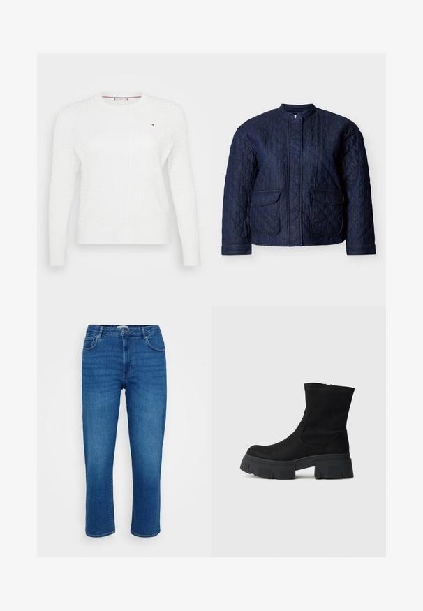 Veste matelassée bleu marine, comportant un col rond, deux poches avant et des coutures diagonales sur tout le tissu. Matière en denim durable.; Pull en tricot blanc avec un motif de losanges texturé, encolure ronde et manches longues. Petit logo sur la poitrine.; Jeans en denim bleu avec une coupe droite, style cinq poches, et une fermeture classique par bouton et zip, présentant des effets de décoloration subtils à l'avant.; Bottine en daim noir avec une semelle en caoutchouc noire épaisse, un bout arrondi et un design minimaliste. Comprend des panneaux latéraux élastiques pour un enfilage facile.