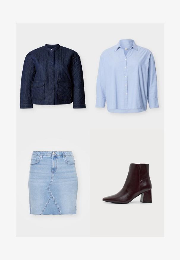Marineblaue gesteppte Jacke mit rundem Ausschnitt, zwei Vorderentaschen und diagonalen Steppnähten im gesamten Stoff. Robustes Denim-Material.; Hellblaues Hemd mit langen Ärmeln, Knöpfen vorn und Kragen, leicht lockerer Passform, weiße Knöpfe auf schlichtem Hintergrund.; Jeansrock in hellblau, mit taillierter Passform, ausgefranstem Saum und schrägem Nahtdetail. Vordertaschen mit Metallschnappverschluss.; Dunkelbrauner Lederknöchelstiefel mit spitzer Spitze und Blockabsatz vor einem schlichten hellgrauen Hintergrund.
