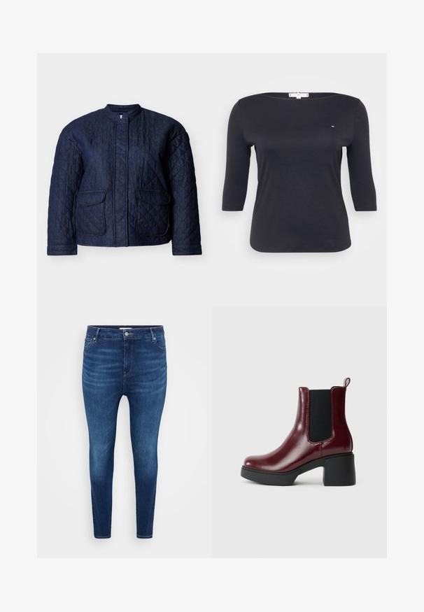 Mørkeblå quiltet jakke med rund halsudskæring, to forlommer og diagonale syninger over hele stoffet. Holdbart denim materiale.; Sort top med trekvartærmer lavet af blødt bomuldsstof. Har en bådudskæring og et lille logo-detalje på brystet.; Mørkeblå skinny jeans med forlommer, bæltestropper og knaplukning på en ensfarvet lys baggrund.; Bordeaux læder ankelstøvle med elastiske sidepaneler, rund tå og en kraftig sort hæl, med en trækflap bagpå.
