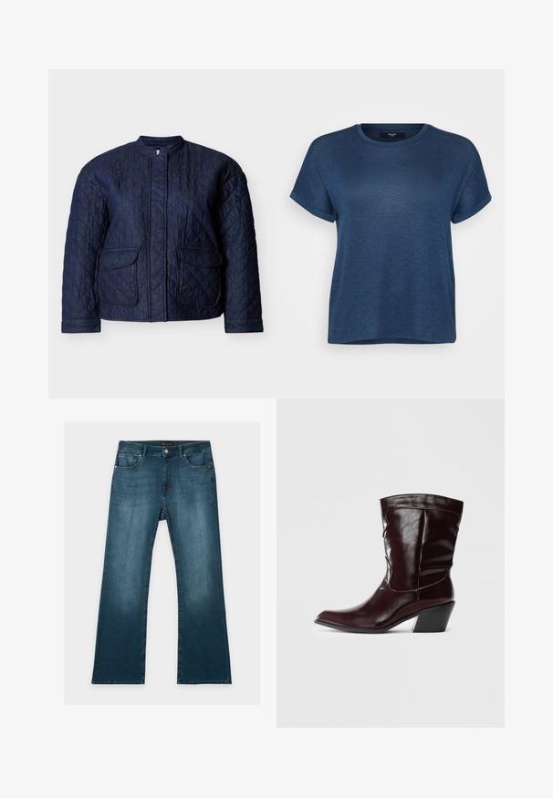 Marineblaue gesteppte Jacke mit rundem Ausschnitt, zwei Vorderentaschen und diagonalen Steppnähten im gesamten Stoff. Robustes Denim-Material.; Dunkelblaues kurzärmliges T-Shirt aus weichem Stoff mit rundem Ausschnitt und umgeschlagenen Ärmeln, das einen lockeren Schnitt und einen geraden Saum hat.; Blaue Jeans mit geradem Bein, vorderen und hinteren Taschen, Knopf- und Reißverschluss und dezenten verblassten Details an Oberschenkeln und Knien.; Bordeauxfarbene Leder-Stiefeletten mit spitzem Schnitt, strukturierten Oberflächen und einem schmalen, niedrigen Absatz. Verfügen über dezente Nähte und einen engen Sitz.