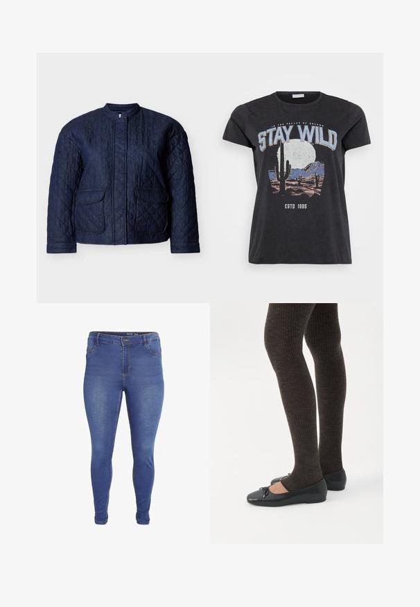 Mørkeblå quiltet jakke med rund halsudskæring, to forlommer og diagonale syninger over hele stoffet. Holdbart denim materiale.; Sort bomulds t-shirt med et grafisk print af en ørken-scene med kaktusser, en måne og sætningen "STAY WILD" i blå skrifttype.; Blå skinny jeans med forlommer, bæltestropper, knaplukning og let falmet effekt på lår og knæ.; Ben iført mørke ribbede leggings kombineret med sorte balletsko med små sløjfedetaljer på hvid baggrund.
