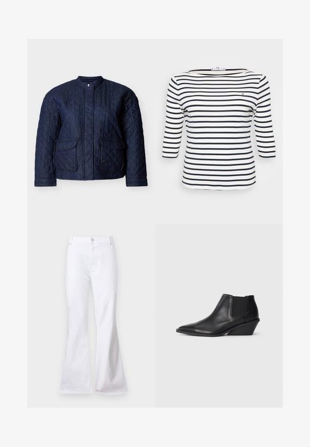 Veste matelassée bleu marine, comportant un col rond, deux poches avant et des coutures diagonales sur tout le tissu. Matière en denim durable.; Haut rayé avec un col bateau. Fabriqué en tissu doux, avec des rayures horizontales bleu marine et blanches. Design à manches trois-quarts.; Jean en denim blanc taille haute avec jambe évasée, fermeture par bouton et zip, poches avant et arrière, présenté sur un fond uni.; Bottines en cuir noir présentant un bout pointu, des panneaux latéraux élastiques et un petit talon incliné. Texture lisse avec un minimum de détails.