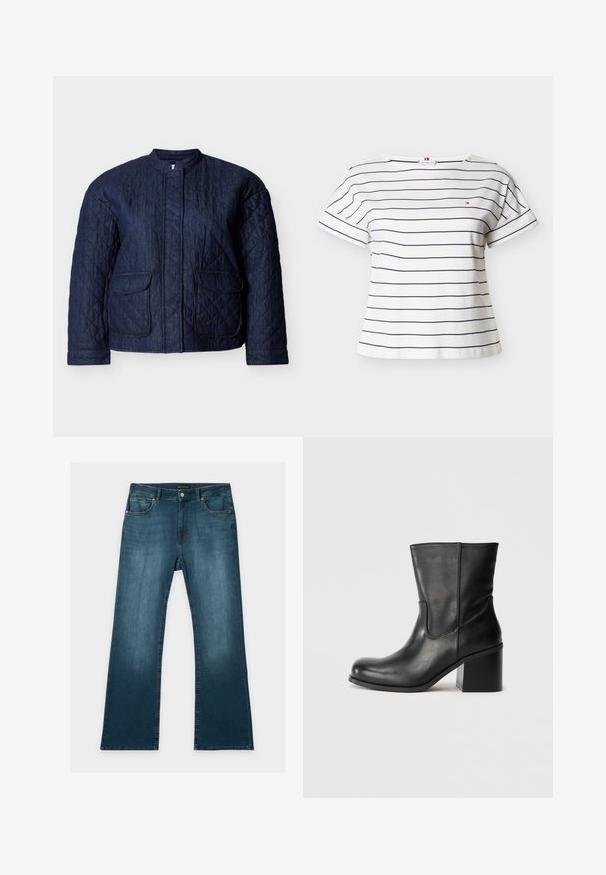Marineblaue gesteppte Jacke mit rundem Ausschnitt, zwei Vorderentaschen und diagonalen Steppnähten im gesamten Stoff. Robustes Denim-Material.; Weißes T-Shirt mit kurzen Ärmeln und Rundhalsausschnitt, mit dünnen horizontalen schwarzen Streifen und einem kleinen gestickten Logo auf der Brust.; Blaue Jeans mit geradem Bein, vorderen und hinteren Taschen, Knopf- und Reißverschluss und dezenten verblassten Details an Oberschenkeln und Knien.; Schwarzer Leder-Stiefelette mit rundlicher Spitze, Seitennähten und einem massiven Blockabsatz. Glatte Textur und minimalistisches Design.