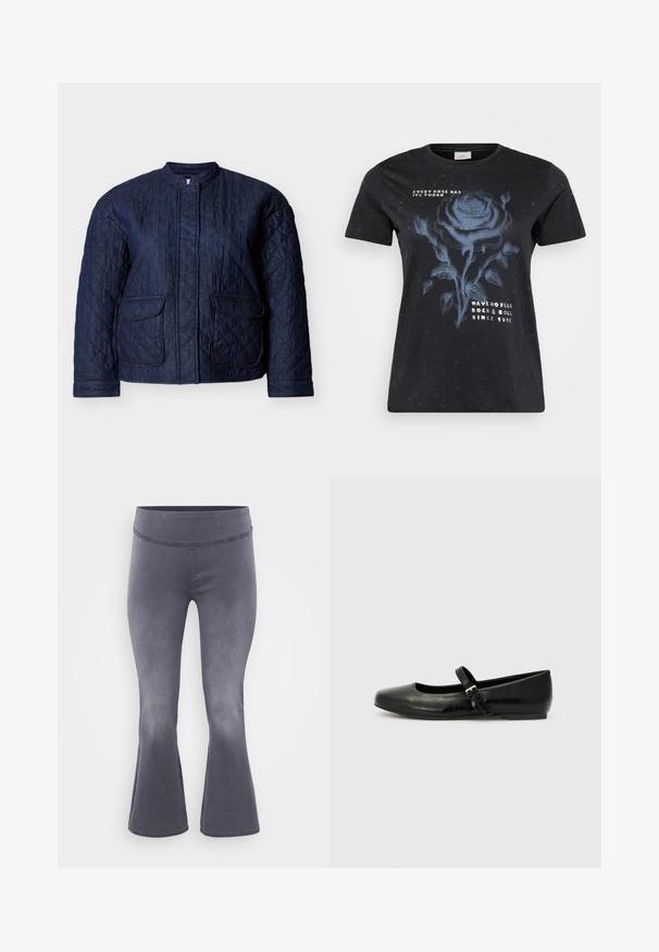 Marineblaue gesteppte Jacke mit rundem Ausschnitt, zwei Vorderentaschen und diagonalen Steppnähten im gesamten Stoff. Robustes Denim-Material.; ONLY Carmakoma CARMIKO WASHED SS REG TEE JRS - T-Shirt print - black; Grau ausgestellte Hosen mit einem breiten Bund. Glattes Material mit leichtem Glanz, das von oben dunkel zu unten heller verläuft.; Schwarze Leder-Ballerinas mit einer runden Spitze, einer flachen Sohle und einem dünnen, verstellbaren Riemen über dem Spann mit einer Metallschnalle.