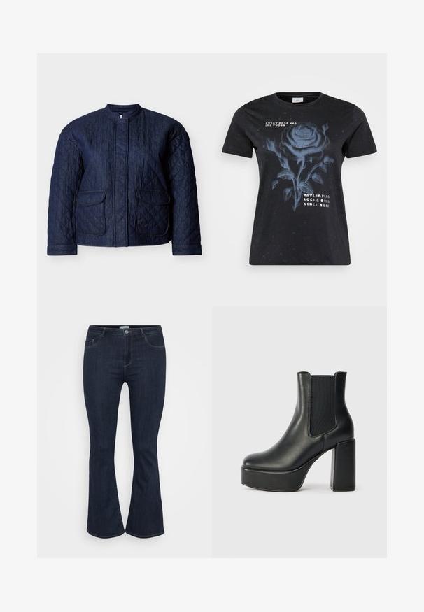 Mørkeblå quiltet jakke med rund halsudskæring, to forlommer og diagonale syninger over hele stoffet. Holdbart denim materiale.; ONLY Carmakoma CARMIKO WASHED SS REG TEE JRS - T-shirts print - black; Mørkeblå høj talje denim jeans med tætsiddende lår og let flared nederst, med forlommer og knaplukning.; Sort læder ankelstøvle med en kraftig blokhæl, elastiske sideskår og en glat overflade. Har en platformssål for ekstra højde.