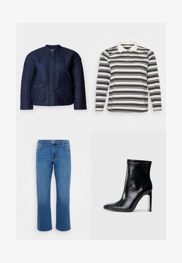 Marineblaue gesteppte Jacke mit rundem Ausschnitt, zwei Vorderentaschen und diagonalen Steppnähten im gesamten Stoff. Robustes Denim-Material.; Langärmliges Polohemd mit schwarz-weiß gestreiftem Muster, das einen kontrastierenden weißen Kragen und drei dekorative Knopfakzente aufweist.; Blaue Jeans aus Denim mit geradem Beinansatz, ausgestattet mit einem Knopfverschluss, klassischem Fünf-Taschen-Design und subtiler, ausgewaschener Textur an den Oberschenkeln.; Schwarze Lederstiefelette mit spitzem Zeh und hohem, transparentem Absatz. Glatte Oberfläche und minimales Nähdetail an der Oberseite.