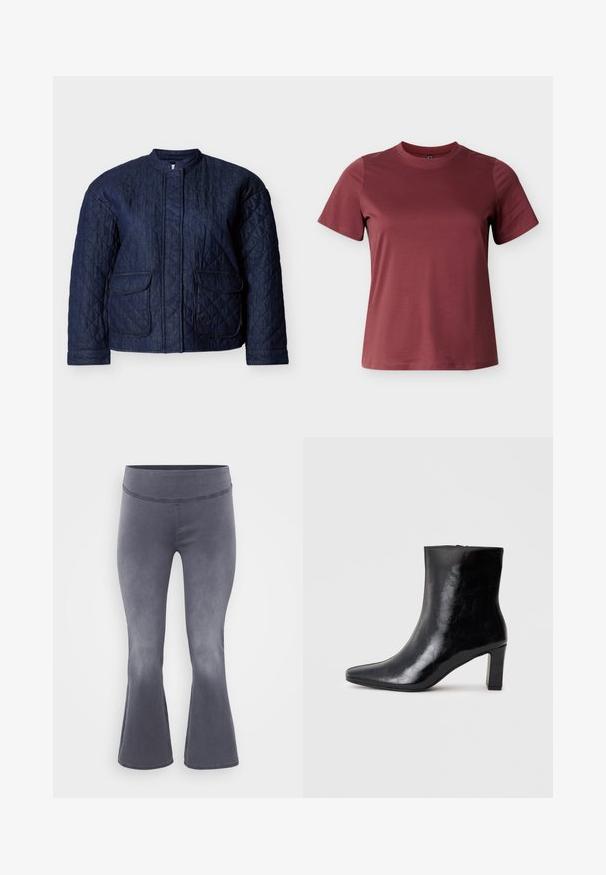 Marineblaue gesteppte Jacke mit rundem Ausschnitt, zwei Vorderentaschen und diagonalen Steppnähten im gesamten Stoff. Robustes Denim-Material.; Bordeauxrotes Kurzarm-T-Shirt aus weicher Baumwolle, mit Rundhalsausschnitt und einer glatten, gleichmäßigen Textur ohne sichtbare Muster oder Akzente.; Grau ausgestellte Hosen mit einem breiten Bund. Glattes Material mit leichtem Glanz, das von oben dunkel zu unten heller verläuft.; Schwarze Knöchelstiefel aus glänzendem Leder mit spitzem Zustand und mittelhohem Blockabsatz, mit glatter Textur und einfachem Design.