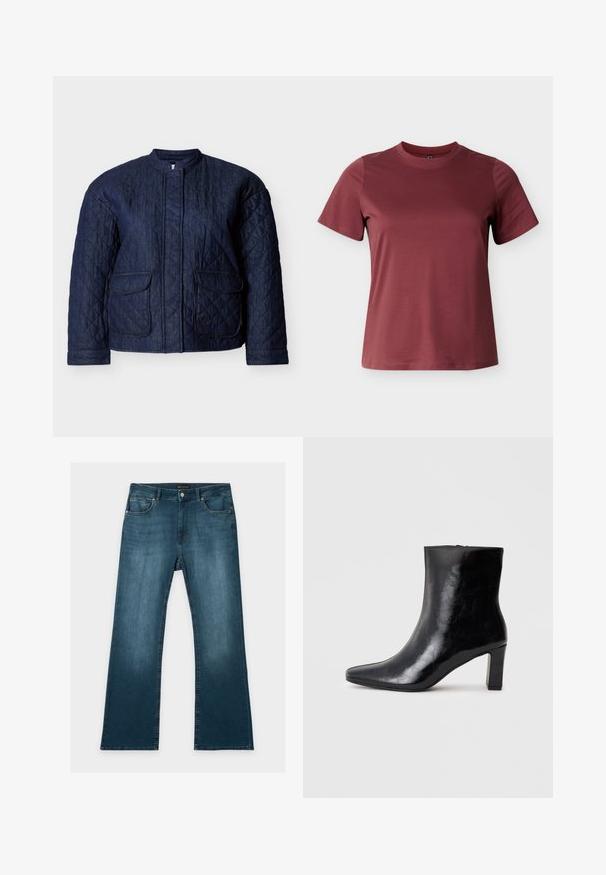 Mørkeblå quiltet jakke med rund halsudskæring, to forlommer og diagonale syninger over hele stoffet. Holdbart denim materiale.; Bourgognefarvet t-shirt med korte ærmer lavet af blød bomuld, med rund halsudskæring og en glat, ensartet tekstur uden synlige mønstre eller accenter.; Blå jeans med lige ben, foran- og baglommer, knap- og lynlåslukning og subtile falmede detaljer på lår og knæ.; Sorte ankelstøvler lavet af blank læder, med spidse tæer og en mellemstor blokhæl, med en glat tekstur og et enkelt design.