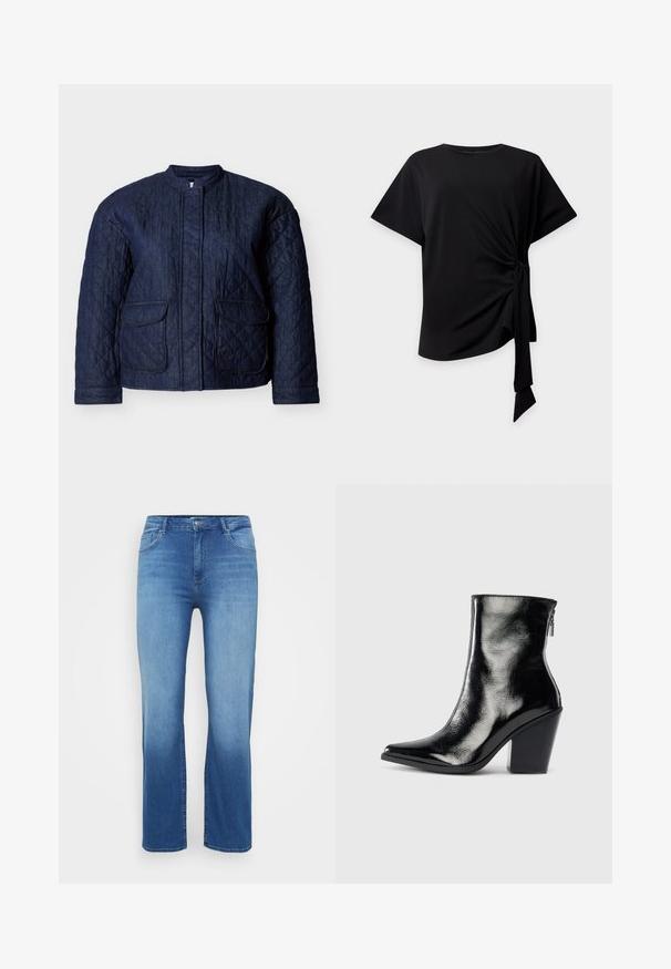 Chaqueta acolchada azul marino, con cuello redondo, dos bolsillos frontales y costuras diagonales en toda la tela. Material resistente de denim.; Top negro de manga corta con cuello redondo y detalle de nudo lateral que crea un tejido fruncido y una cinta colgante sobre un fondo claro.; Jeans de mezclilla de color azul claro con corte recto, diseño de cinco bolsillos y un efecto desgastado en el dobladillo. Cierre de botón en la cintura.; Botín de piel negra hasta el tobillo con un acabado brillante, puntera puntiaguda y tacón cuadrado. Presenta una cremallera lateral para fácil calzado.