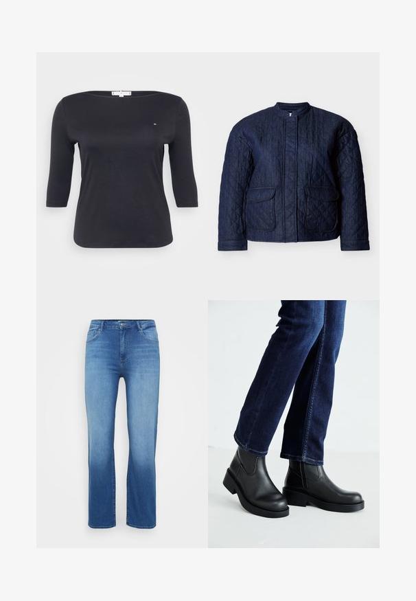 Mørkeblå quiltet jakke med rund halsudskæring, to forlommer og diagonale syninger over hele stoffet. Holdbart denim materiale.; Sort top med trekvartærmer lavet af blødt bomuldsstof. Har en bådudskæring og et lille logo-detalje på brystet.; Lysblå denimjeans med lige snit, fem-lomme design og en slidt effekt ved kanten. Knaplukning i taljen.; Sorte læder ankelstøvler med en kraftig sål og elastiske sider, parret med mørkeblå jeans. Gulvet er lysfarvet.