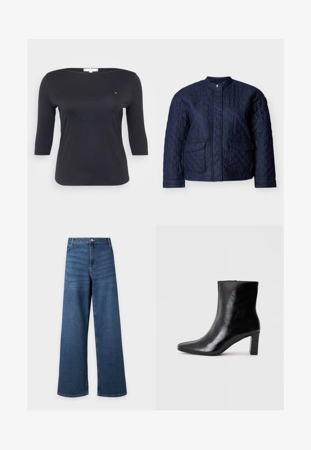 Chaqueta acolchada azul marino, con cuello redondo, dos bolsillos frontales y costuras diagonales en toda la tela. Material resistente de denim.; Top negro de manga tres cuartos hecho de suave tela de algodón. Presenta un escote barco y un pequeño detalle de logo en el pecho.; Vaqueros vaqueros azules de pierna ancha con cierre frontal de botón y cremallera, bolsillos delanteros y trabillas para el cinturón, mostrados extendidos sobre un fondo claro.; Botín negro de tobillo hecho de cuero brillante, con punta afilada y un tacón de bloque medio, con una textura suave y un diseño sencillo.