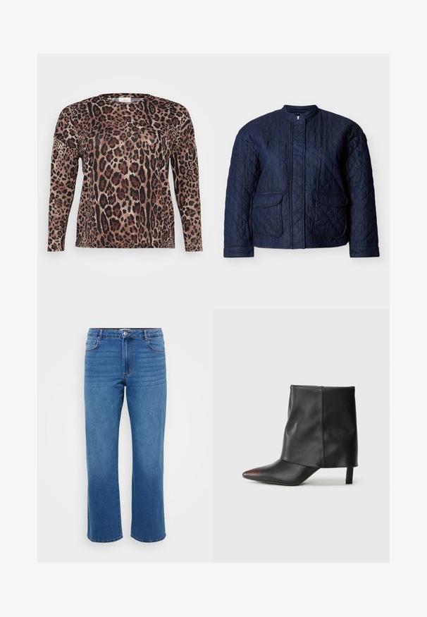 Mørkeblå quiltet jakke med rund halsudskæring, to forlommer og diagonale syninger over hele stoffet. Holdbart denim materiale.; Langærmet skjorte med leopardprint i nuancer af brun, sort og beige. Blød tekstur med en afslappet pasform.; Blå denimjeans med lige ben, der har en knaplukning, klassisk fem-lomme design og en subtil falmet tekstur på lårene.; Sort ankelstøvle lavet af glat læder med spids tå og tilspidset hæl. Overdelen har et let rynket design.
