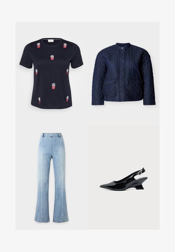 Chaqueta acolchada azul marino, con cuello redondo, dos bolsillos frontales y costuras diagonales en toda la tela. Material resistente de denim.; Camiseta de algodón azul marino con mangas cortas; presenta bolsas de palomitas bordadas en rojo y blanco distribuidas por el frontal. Textura suave. Cuello redondo.; Vaqueros acampanados de mezclilla azul claro de talle alto con un diseño sencillo y trabillas para cinturón, mostrados sobre un fondo blanco liso.; Zapato slingback de cuero charol negro con puntera puntiaguda y tacón bajo en bloque inclinado sobre fondo claro liso.