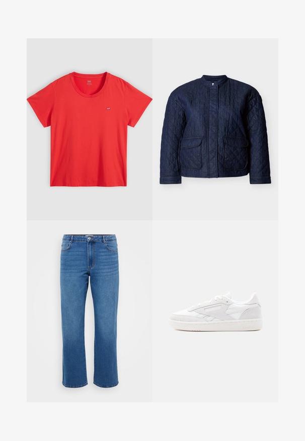 Veste matelassée bleu marine, comportant un col rond, deux poches avant et des coutures diagonales sur tout le tissu. Matière en denim durable.; T-shirt en coton rouge avec un col rond, des manches courtes et une petite étiquette logo Levi's sur la poitrine gauche. Texture lisse, coupe décontractée.; Jean en denim bleu avec une coupe droite, présentant une fermeture à bouton, un design classique à cinq poches et une texture légèrement décolorée au niveau des cuisses.; Baskets basses blanches Reebok avec superpositions en daim, lacets et semelle en caoutchouc texturée sur un fond clair uni.