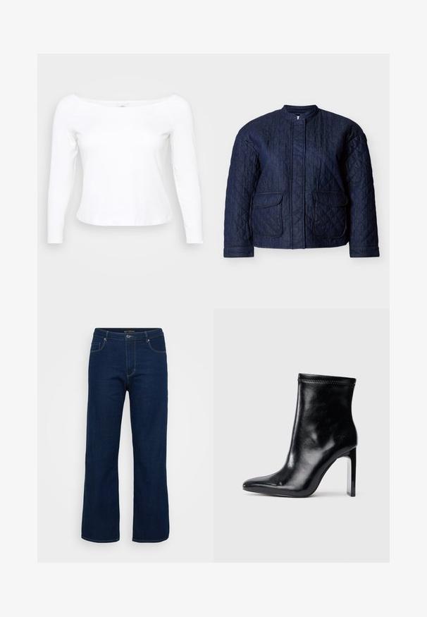 Mørkeblå quiltet jakke med rund halsudskæring, to forlommer og diagonale syninger over hele stoffet. Holdbart denim materiale.; Hvid langærmet skjorte med bred halsudskæring, lavet af blødt og glat materiale. Har et tætsiddende design og en cropped kant.; Mørkeblå denim jeans med lige pasform, der har en lynlås, fem lommer og synlige syninger.; Sorte læder ankelstøvle med spidse tæer og høj klar hæl. Glat tekstur og minimal syning på overmaterialet.