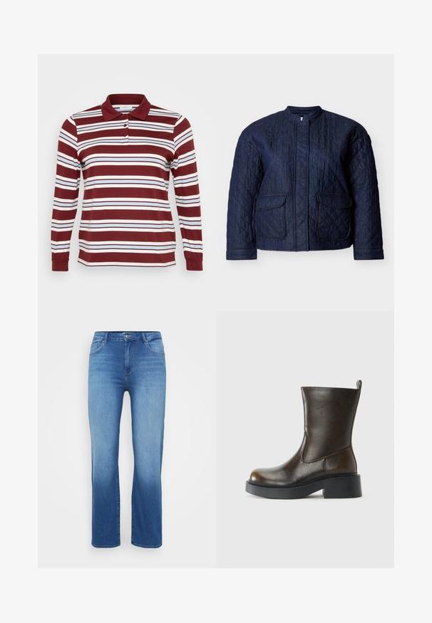 Marineblaue gesteppte Jacke mit rundem Ausschnitt, zwei Vorderentaschen und diagonalen Steppnähten im gesamten Stoff. Robustes Denim-Material.; Langarm-Polohemd in Burgunderrot mit weißen und hellblauen Streifen, ausgestattet mit einem Kragen und einer geknöpften Leiste. Weiches Baumwollmaterial.; Hellblaue Jeans aus Denim mit geradem Schnitt, Fünf-Taschen-Design und einem ausgeblichenen Effekt am Saum. Knopfverschluss an der Taille.; Dunkelbrauner Lederstiefel bis zur Mitte des Waden mit runder Spitze, dickem schwarzen Sohlen, niedrigem Blockabsatz und einer Zuglasche auf der Rückseite.